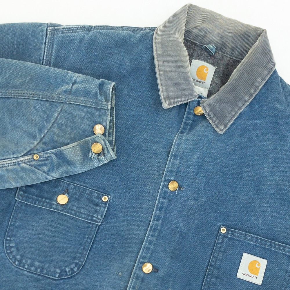 Distressed VTG Carhartt Chore Coat Mens 44 Tall Blue Blanket Lined Canvas Jacket